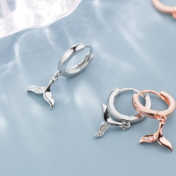 NEW 925 Sterling Silver Mermaid Tail Hoop Earrings - Picture 3 of 5